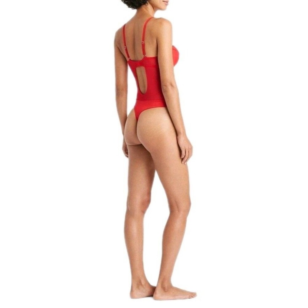 Auden Size S Red Satin Mesh Keyhole Lingerie Bodysuit Underwire Thong Lined Cups - Picture 3 of 9